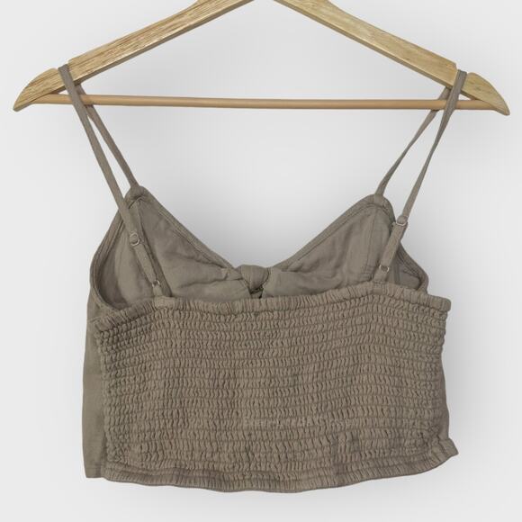 Aerie Bow Tie Crop Top I Small Tan Smocked  V Neck Summer Cami 100% Cotton Boho - Picture 6 of 6